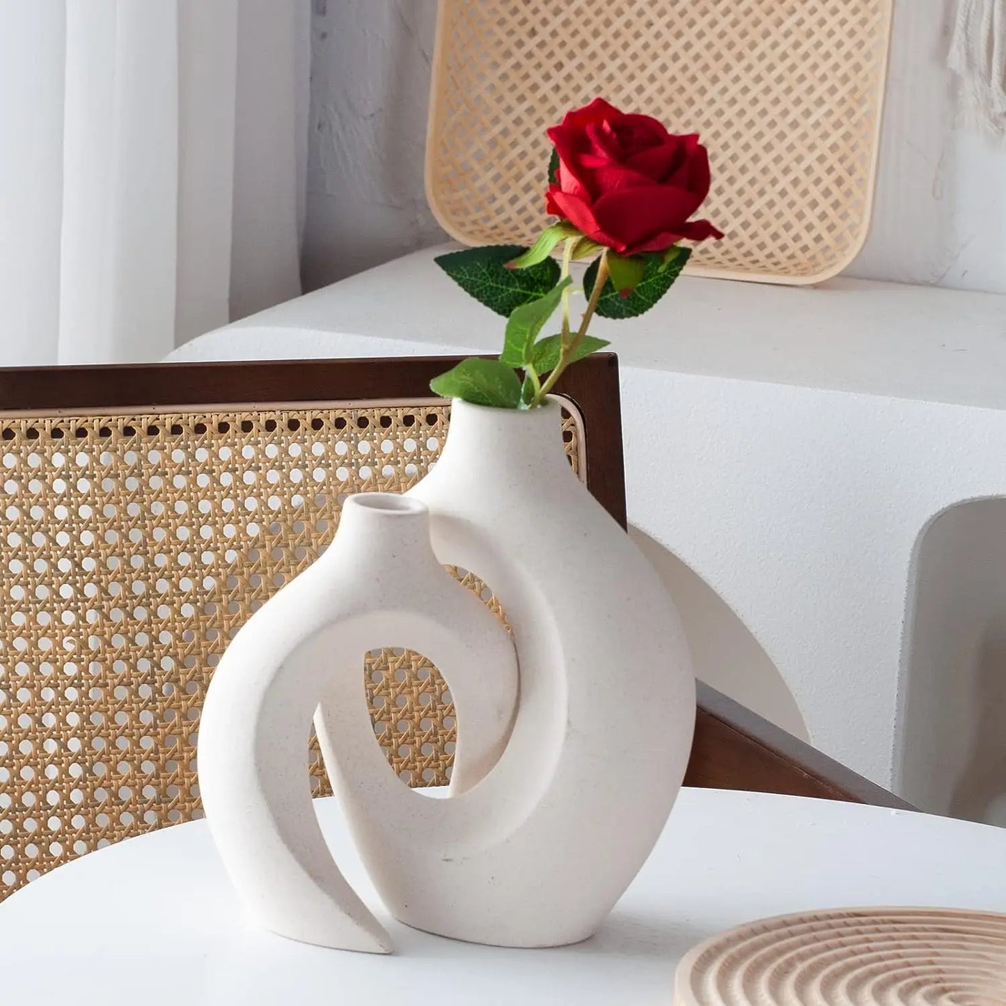 White Ceramic Vase Set of 2 (Boho Donut Vases)